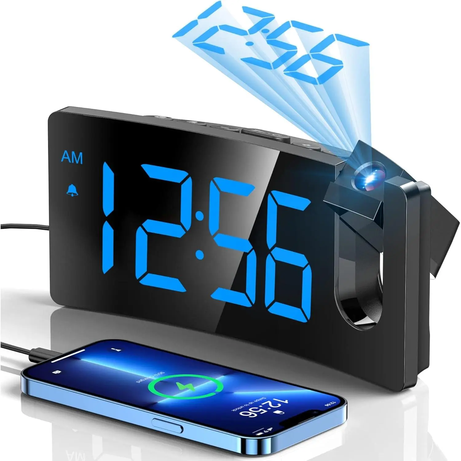 Projection Alarm Clock, Digital Clock with 180 °   Rotatable Projector, 3-Level Brightness Dimmer, Clear LED Display, USB Charger, Progressive Volume, 9mins Snooze,12/24H, for Bedroom