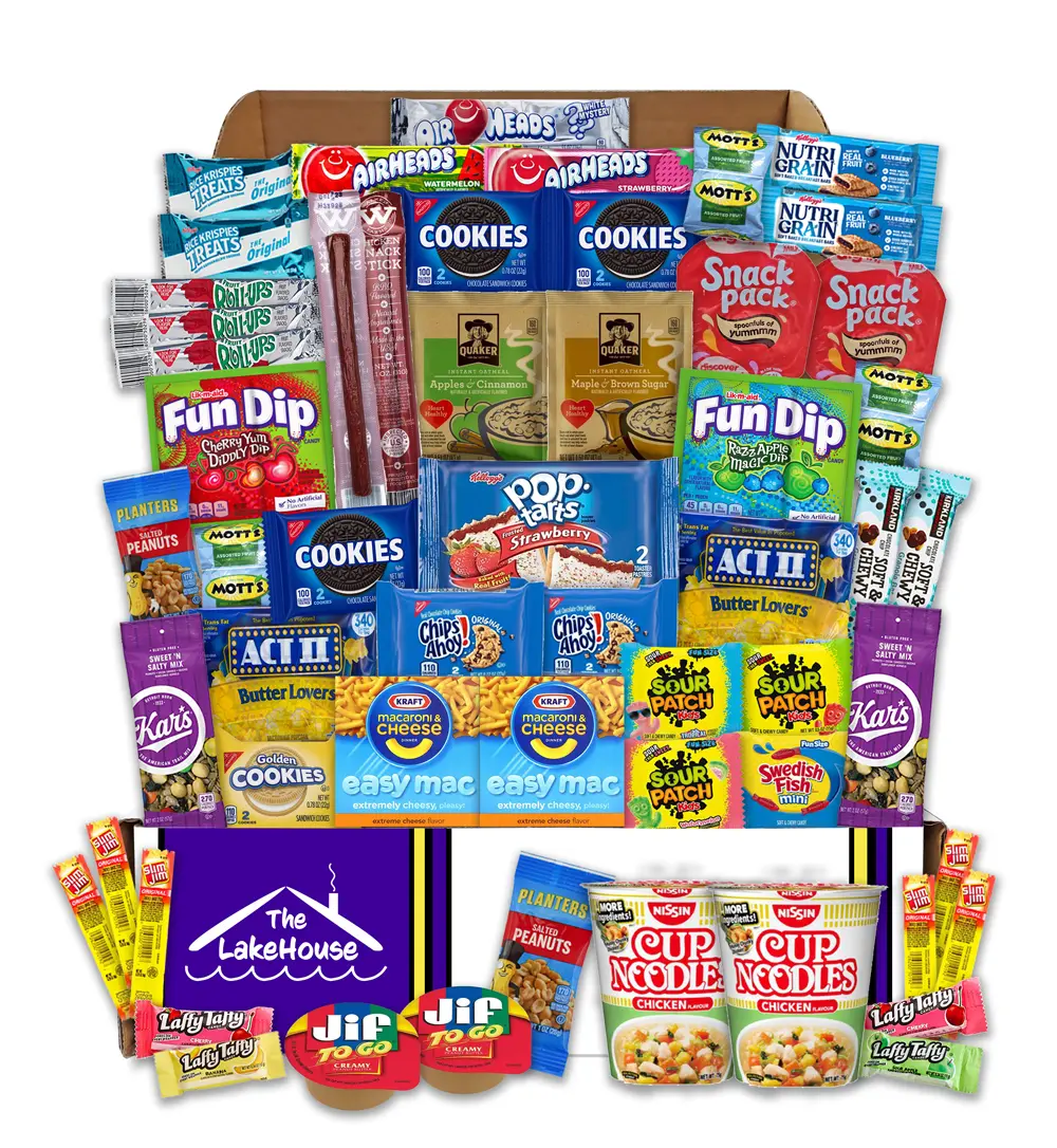 The LakeHouse 56 Count Care Package for College Students - 56 High Quality Snacks and Dorm Room Essentials - Cookies, Granola Bars, Candy, & Salty Snacks - Perfect College Care Package