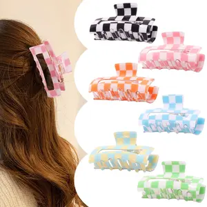4/6 Pack Retro Checkerboard Hair Claw Clips Colorful Shark Clip Acrylic Small Claw Clip for Women Girls Fashion Accessories