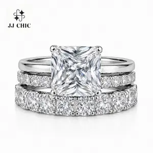 JJ CHIC Everglow Princess Cut 3-Piece Bridal Ring Set for Women Sparkly Wedding Stackable Engagement Rings with Elegant Design & Eye-Catching Center Stone