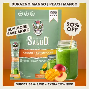 Salud 2-in-1 [Greens + Superfoods – Peach Mango] Daily Greens Drink Mix, Agua Fresca, Gut Health & Bloating Support, Probiotics & Prebiotics, Vegan, Non-GMO, Easy-to-Drink Greens Powder (15 Servings)