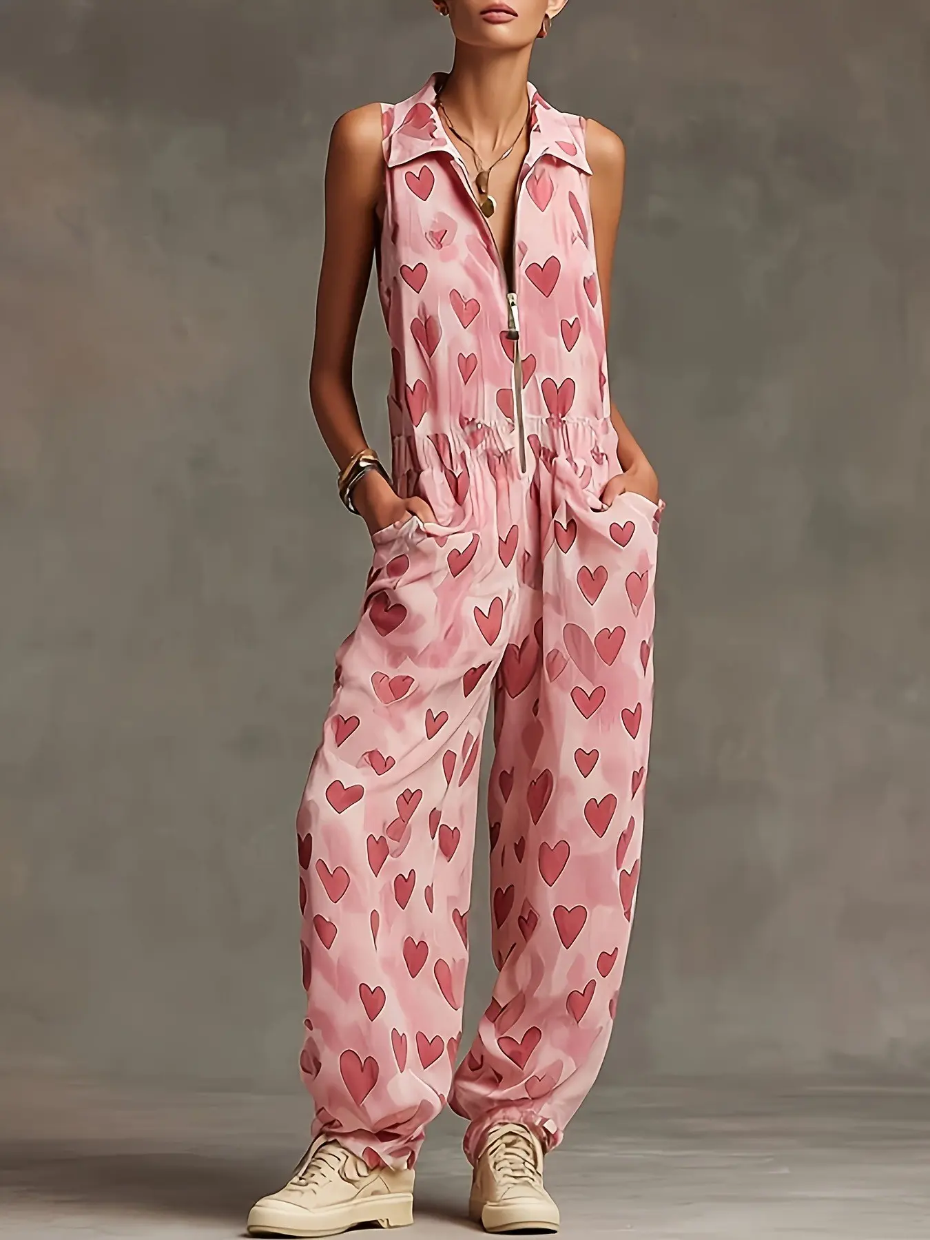 Summer New Heart Print Lapel Zip Design Sleeveless Loose Casual Jumpsuit, Women's Fashion One-Piece, Comfortable and Stylish