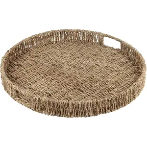 Round Ottoman Tray Large Wicker Serving Tray with Handles for Coffee Table, 16 Inch Handwoven Natural Seagrass Tray