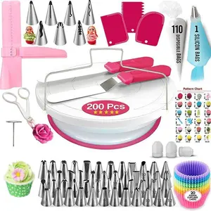 Cake Decorating Kit, 200pcs/set Cake Decorating Tool Set, Including Cake Turntable, Cake Scraper, Cake Decorating Bag, Cake Decorating Nozzle, Cake Decorating Supplies, Ornaments, Cake Decorating Cake Pops Tools
