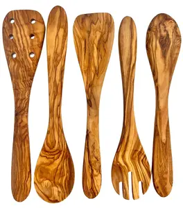 Olive Wood Kitchen Servers Set | 5-Piece Hand Carved Utensil Collection