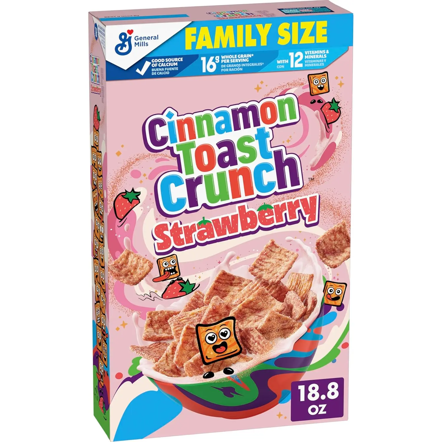 Strawberry Breakfast Cereal - Family Size 18.8 oz, Crispy Sweet Squares, Vitamin C-Infused, Ready-to-Eat Cupboard Food for Adults & Children