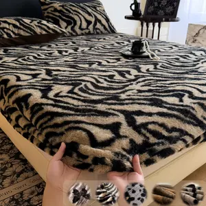Luxury Faux Rabbit Fur Leopard, Tiger Print Fitted Sheet 3-Piece Set, Bedsheet Set – Soft, Warm Solid Color Bedding, Includes 1 Fitted Sheet + 1/2 Pillowcases, All-Season Use, Perfect for Bedroom Decor, Dorm, Sofa Décor & Christmas Gift
