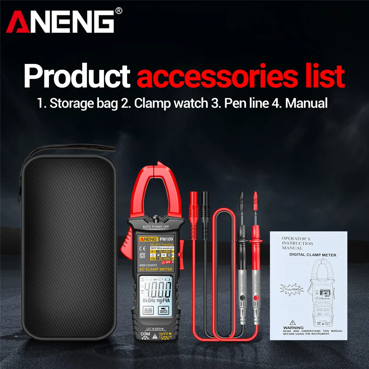 ANENG PN109 Smart Touch-Screen Clamp Digital Multimeter - 4000 Counts, 600A AC Current Circuit Tester Tool, NCV Non-Contact Voltage Detector, Wire Grip, Measures AC/DC Voltage Resistance Capacitance Diodes, ABS Plastic for Industrial Equipment, Digital Di