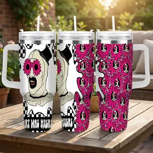 Vintage Clown Skull Car Cup (40oz/30oz/20oz) Pink Daisy Art Pattern Double Wall Stainless Steel Insulated Leakproof Tumbler Perfect for Road Trips Office Outdoor Adventures Halloween Parties Creative Gifts