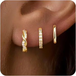 THE WELL KEPT Gold Huggie Hoop Earrings Set for Women, Dainty Small Sterling Silver Earring Stacks Hypoallergenic Jewelry for Multiple Piercings, Trendy Twisted Cute Cartilage Hoops Birthstone Gift 3 Pairs