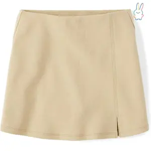 Girls' Cotton Ponte A-Line Skorts, Pull-On School Uniform with Faux Wrap Design, Machine Washable for School & Playground