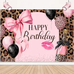 Leopard Print Birthday Backdrop Feet Pink Bow Brown Balloons Champagne Cheetah Print Girl Women Birthday Photography Background Decorations Bday Banner Photo Booth Studio Prop Fabric