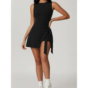 Women's Solid 2 in 1 Knot Side Wrap Sports Dress, Sporty Round Neck Sleeveless Split Tennis Dress for Summer, Ladies Sportswear for Indoor Outdoor Wear, Workout Dress