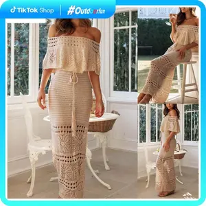 Women's Summer Long Tube Top Dress Short Sleeve Off Shoulder Knit Pattern Hollow Tie Up Dress Casual Light Womenswear Check Underwear Yarn Lady Gowns Outdoorfun