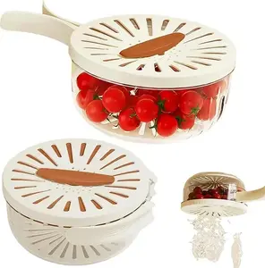 Multifunctional Colander Basket with Foldable Handle & Lid, Salad Bowl Food Strainer Refrigerator Storage Container for Washing Fruits & Vegetables