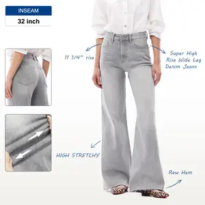 ONESO High Waist Stretchy Wide Leg Jeans for Women Light Blue Basic Straight Denim Pants Raw Hem Underwear Trouser Lady Streetwear Fitted Everyday Womenswear Bottoms Twist Cotton Maxi Minimalist 32 inch Inseam