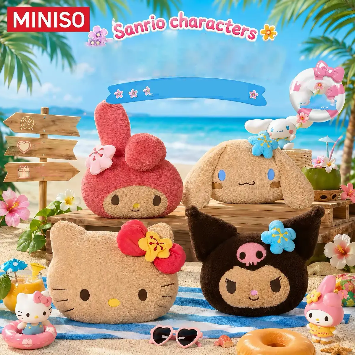 MINISO Sanrio characters Summer Black Leather Series No.18 Head shaped Plush Large Pillow
