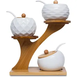 Porcelain Condiment Jar Set,  Jars with  Lids and Spoon, Wooden Tray, 170 ML (5.8 OZ),  to Store , Spices, Coffee, Set of 3(White)