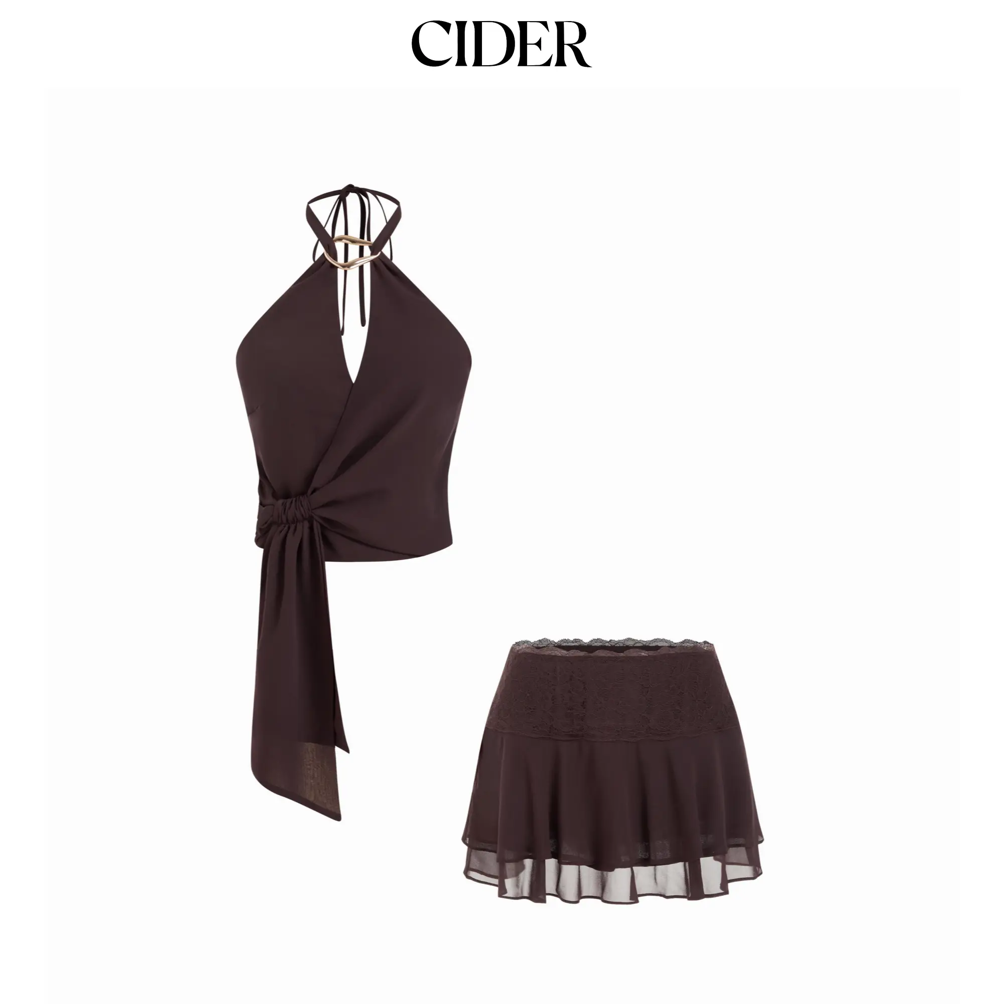 Cider Chiffon Halter Neck Ruched Top & Mid Rise Lace Panel A-line Mini Skirt Set