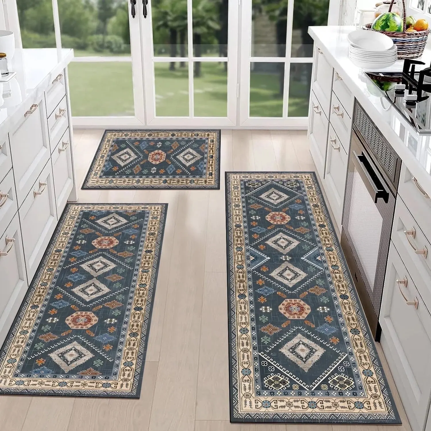 Boho 3 Piece Rug Sets Blue/Grey/Red/Original Color Flannel Thick Washable Non Slip Kitchen Rugs Mats for Hallways Laundry Rooms & Holiday Decor Bohemian Style 60"x20", 48"x20", 32"x20"