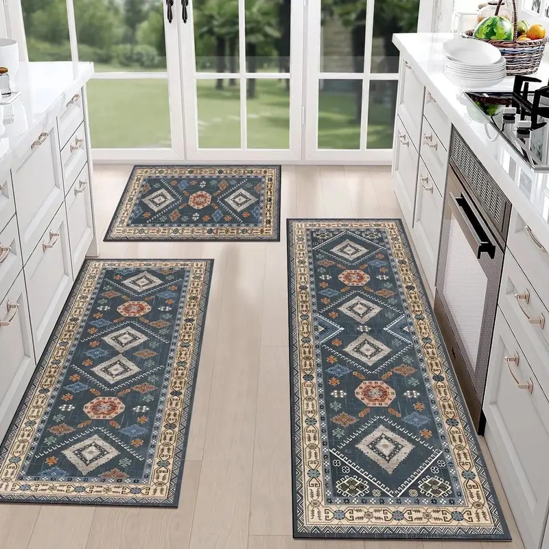 Boho 3 Piece Rug Sets Blue/Grey/Red/Original Color Flannel Thick Washable Non Slip Kitchen Rugs Mats for Hallways Laundry Rooms & Holiday Decor Bohemian Style 60"x20", 48"x20", 32"x20"