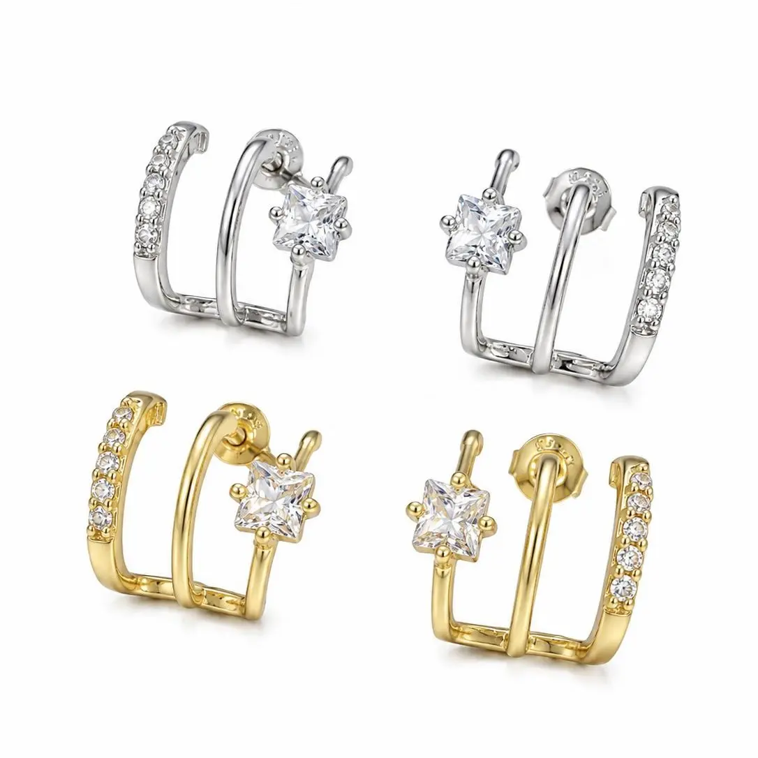 14K Gold Plated Triple Hoop Stud Earrings for Women, Cubic Zirconia 3-Hoop Look Earrings, Single Piercing Layered Ear Cuff Style Studs, Gold Silver Tone Perfect Gift, Gold and Silver Tone