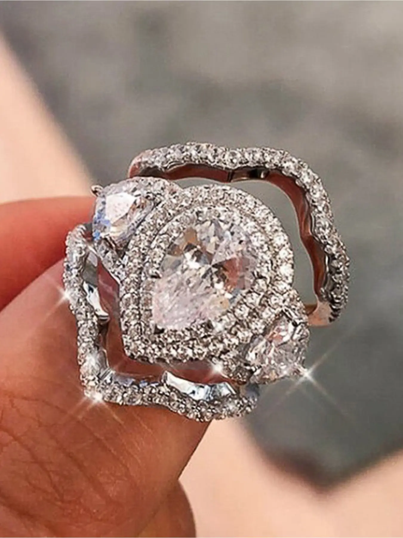 3 PC/Set Glamorous Luxury Brilliant Water Drop Full Zircon Rings for Women Exquisite Trendy All-match Engagement Wedding Promise Ring Elegant Ladies Fashion Jewelry for Party Daily Clothing Decor Accessories as Anniversary Birthday Gift for Girlfriend