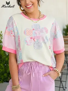 Women's Beige Color Block Tops Floral Patchwork Blouses Flower Accent Tees Relaxed Fitting Shirts Short Sleeve Pullovers Casual Summer Outfits Bohemian Styling Clothes Contrast Fashion Suits