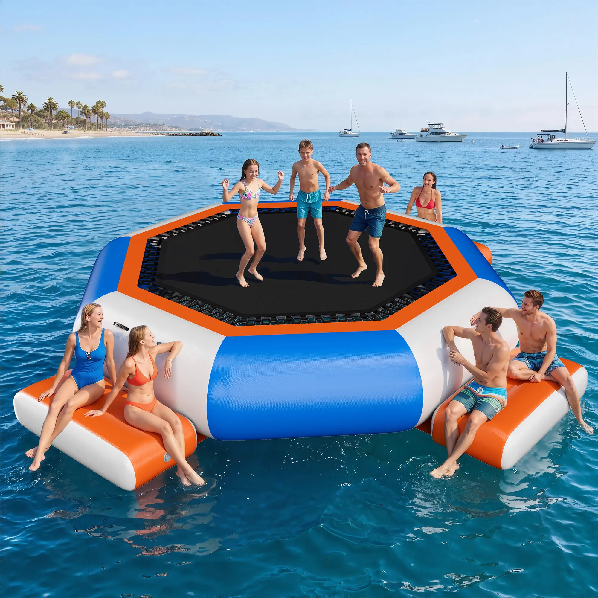 [Summerwins] [SummerFinds] AMERLIFE Inflatable Water Trampoline, 10FT Floating Water Bouncer with Rope Ladder, 12/15FT Floating Water Bouncer with 3 Platforms, High Elastic Net, Durable PVC, Large Jumping Area with Electric Pump for Kids&Adults