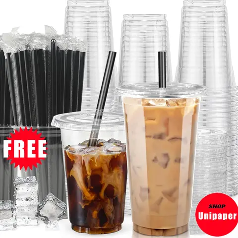 [32oz-12oz] Clear Plastic Cups With Lids and Straws, Disposable Cups With Lids for Iced Coffee, Smoothie, Milkshake and Cold Drinks