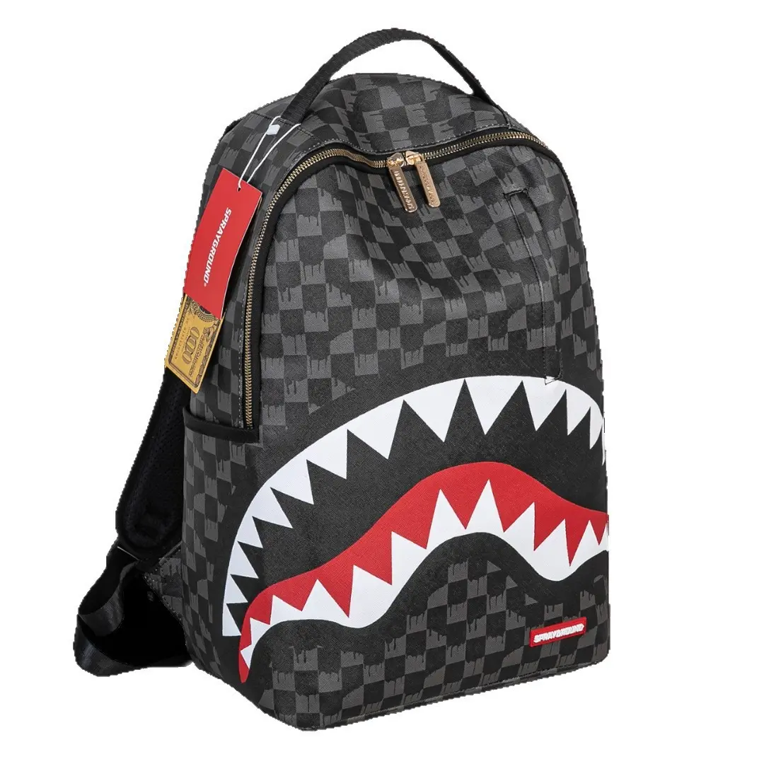 Sprayground Shark Backpack Streetwear Style, Checkered Laptop Backpack for Men Women, Large Capacity School Bag with Adjustable Straps, Hip Hop Fashion Travel Daypack, Trendy Casual Bookbag for Teens