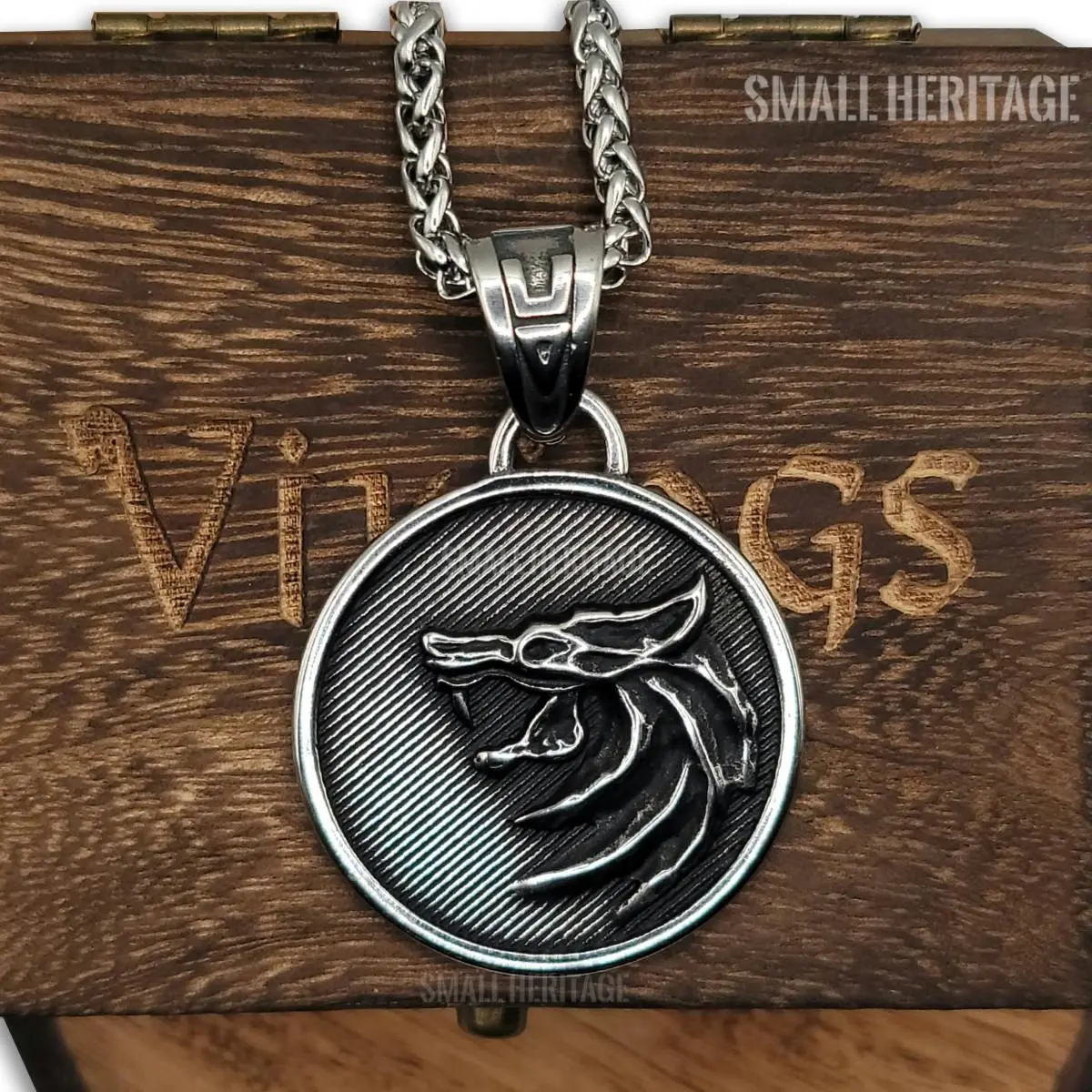 Small Heritage Wolf Head Necklace Stainless Steel Viking Witcher Pendant