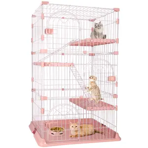 4-Tier Wire Cat Cage Playpen Kennel, Cat Catios Large Space 30 x 20 x 52.5 Inches for 1-3 Cats, Pink Cat Crate with 3 Platforms 3 Front Doors 2 Ramp Ladders