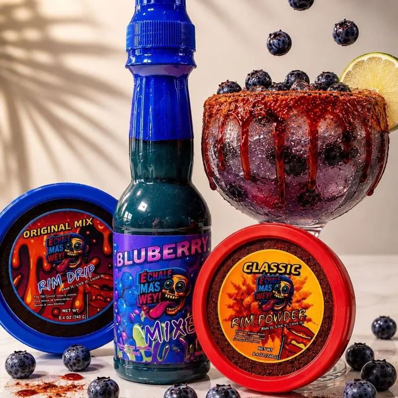 Sweet Blueberry Cocktail Beverage Kit - Full-Size Mixed Fruit-Flavored Rim Dip, Rim Powder, and Blueberry Mixer Set (International)