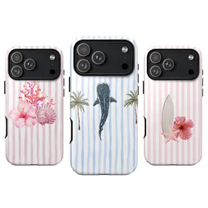 Beach Aesthetic Phone Case – Striped Pastel Ocean Theme with Whale Shark, Coral, Starfish & Surfboard Design for iPhone 11–17 Pro Max & Galaxy S21–S25, Cute Coastal Summer Vibe, Minimal Tropical Style, Gift for Him & Her