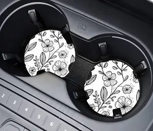 Car Coasters Set of 2 Neoprene Floral Design Absorbent Cup Holder Protectors Washable Reusable Trendy Patterns for Cars