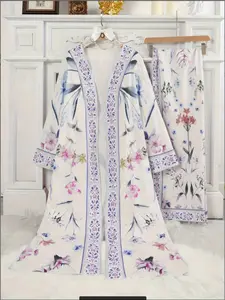 Middle Eastern Arab Women's Fashion Floral Print Traditional Arabic Robe, Casual Party with Headscarf, Spring & Fall Fitted Top, Full Placket Design