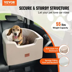 【Summervibes】VEVOR Dog Car Seat, Waterproof Dog Booster Seat for Car with A Storage Pocket, Clip-On Safety Leash and Sponge Filling, Dog Car Bed for Small & Medium Dog up to 55lbs, Brown