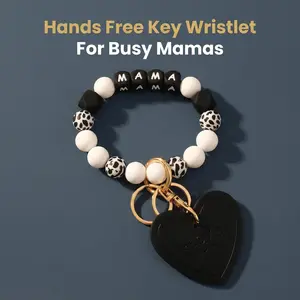 Black Mama Keychain Wristlet Strap with Heart Charm, Mom Wrist Lanyard Key Ring, Ideal Mother's Day Gift for Moms