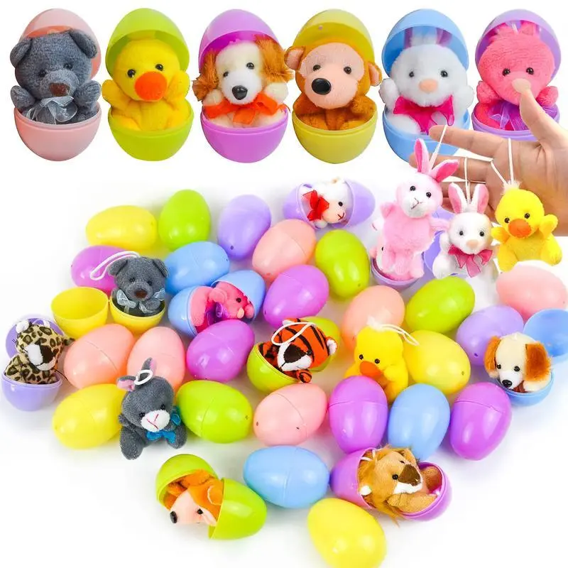 12pcs Prefilled Easter Eggs with 12 Mini Soft Plush Bunny Inside, Sticker Surprise & Stress-Relief Fidget Toys, Easter Egg Hunt Play Supplies, Spring Party Favors for Kids