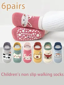 6 Pairs Children Socks Set Baby Walking Socks Boys Girls Indoor Anti-Slip Floor Socks Cartoon Pattern Animal Print Slim-Fitting Toddler Grip Socks