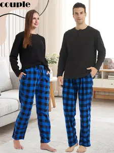Couple's Solid Round Neck Sleep Top & Plaid Print Pocket Drawstring Sleep Pants, Casual Comfy Long Sleeve Top & Elastic Waist Trousers for Daily Wear, Soft Comfy Sleepwear for Spring & Fall, Pajamas Clothes