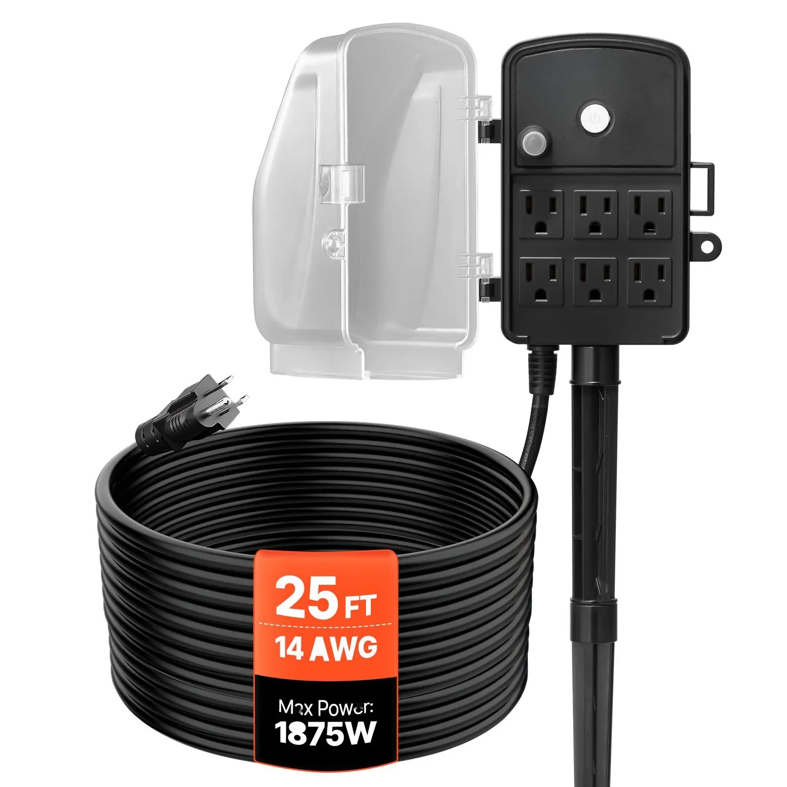 Outdoor Power Stake With 25 Ft Extension Cord And Weatherproof Power Strip, Cover And Overload Protection, 6 Outlets, 15A/1875W, Waterproof Yard Stake For Christmas Lights And Outdoor Holiday Decor
