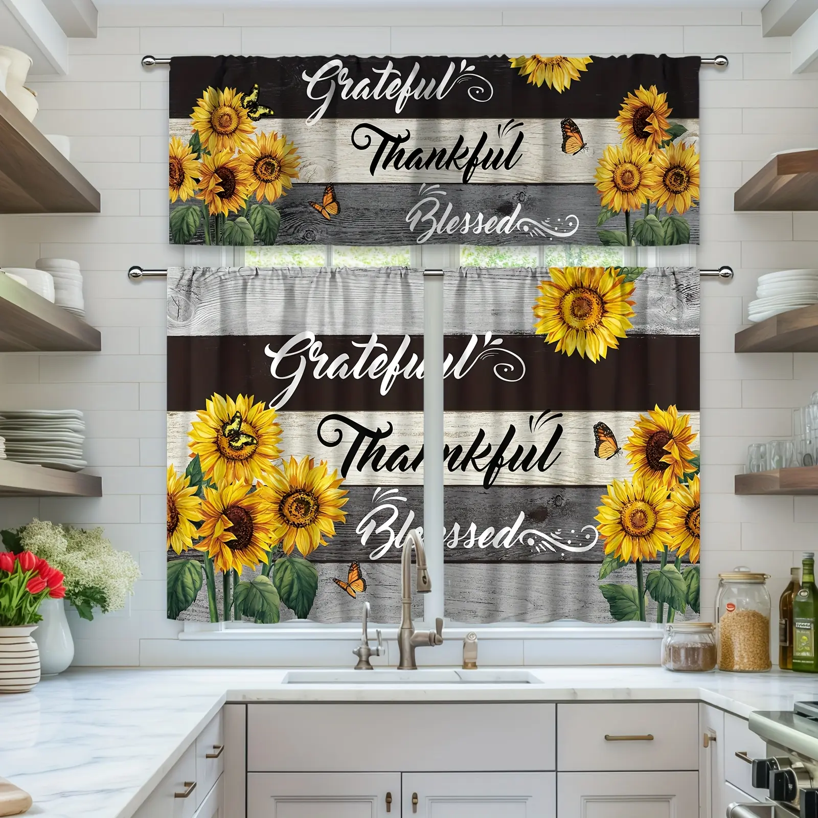 1pc Sunflower Inspirational Quote Curtain Valance Set - 2pcs for Windows, Vintage Floral Farmhouse Boho Flora Style Fabric Print Beautiful Patterns Curtain Valance, Wood Panel Design, for Living Room & Kitchen Home Decor, Vintage Floral Curtains, Farmhous