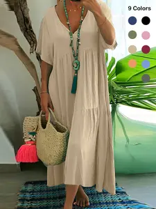Plus Size Women's Summer Casual Loose V-Neck Plain Long Dress, Boho Style, Short Sleeve, Tiered Layer, Spring & Fall Fashion
