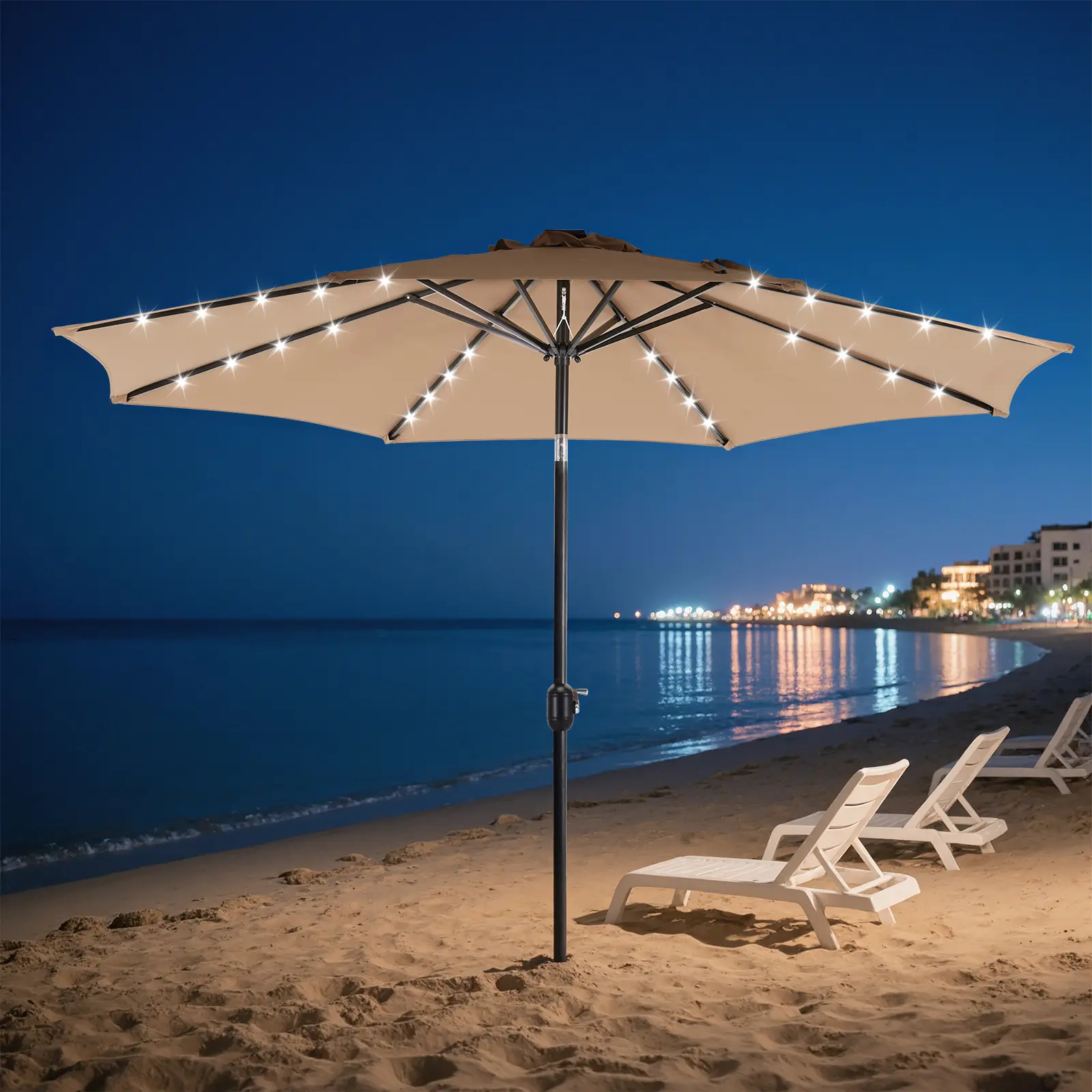 10 FT LED Outdoor Patio Deck Umbrella - 32 Bright Solar Lights, Tilt & Crank, UV-Resistant Waterproof Table Umbrella with Garden Decor & LED Courtyard Features, for Pool, Beach, Bright Solar Light, Garden Decor Lights