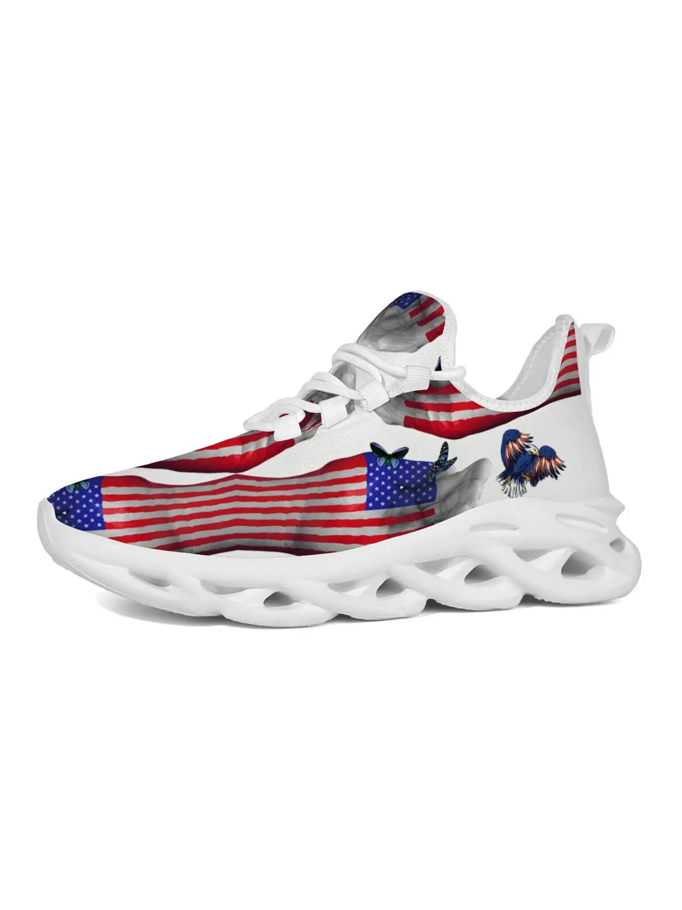 Patriotic Women's Casual Sports Shoes, American Flag Print, Bald Eagle Design, Lightweight Perforated Sole, Trendy Summer Footwear