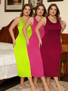 Women's Plus Size Sleeveless Dress Set, Ultra-Comfortable Home Sleepwear, Loungewear, Casual Simple Style, Wearable Outdoors, 3-Piece Pack, Nightgown