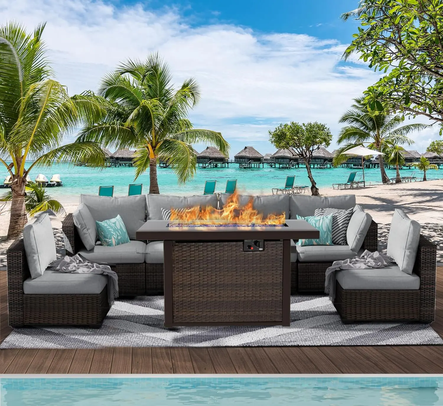 【Ships in 3 Packages】7-Piece Patio Furniture Set with 44" Fire Pit Table – Cozy Outdoor Sectional Sofa PE Rattan Conversation Set, Perfect for Garden, Balcony & Mother’s Day Relaxation homeessentials