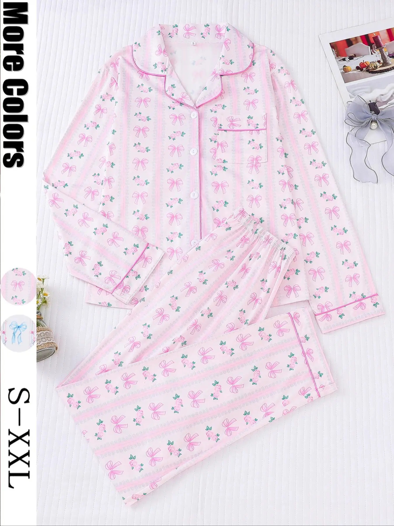 Women's 2-Piece Pajama Set, Bowknot Print, Holiday Party Sleepwear, Soft Shirt Collar Top & Elastic Pants, Casual Home Wear, Loungewear, Pjs, Pajamas Sets, Fit